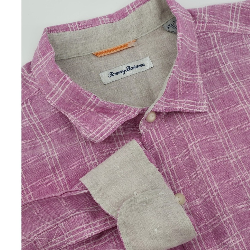 Tommy Bahama Mens XXL Tall Purple Plaid 100% Linen Long Sleeve Button Down Shirt